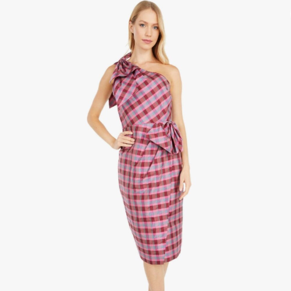 J. Crew Ocho One-shoulder Silk Blend Dress in Plaid Fuschia
